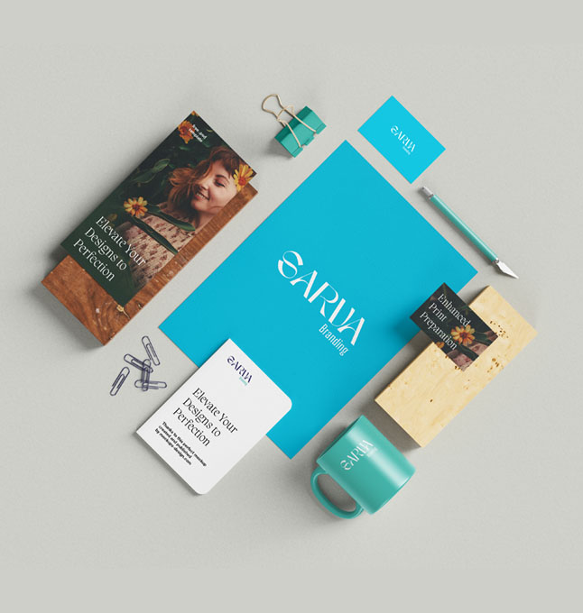 Professional marketing collaterals including brochures, leaflets, and stationery