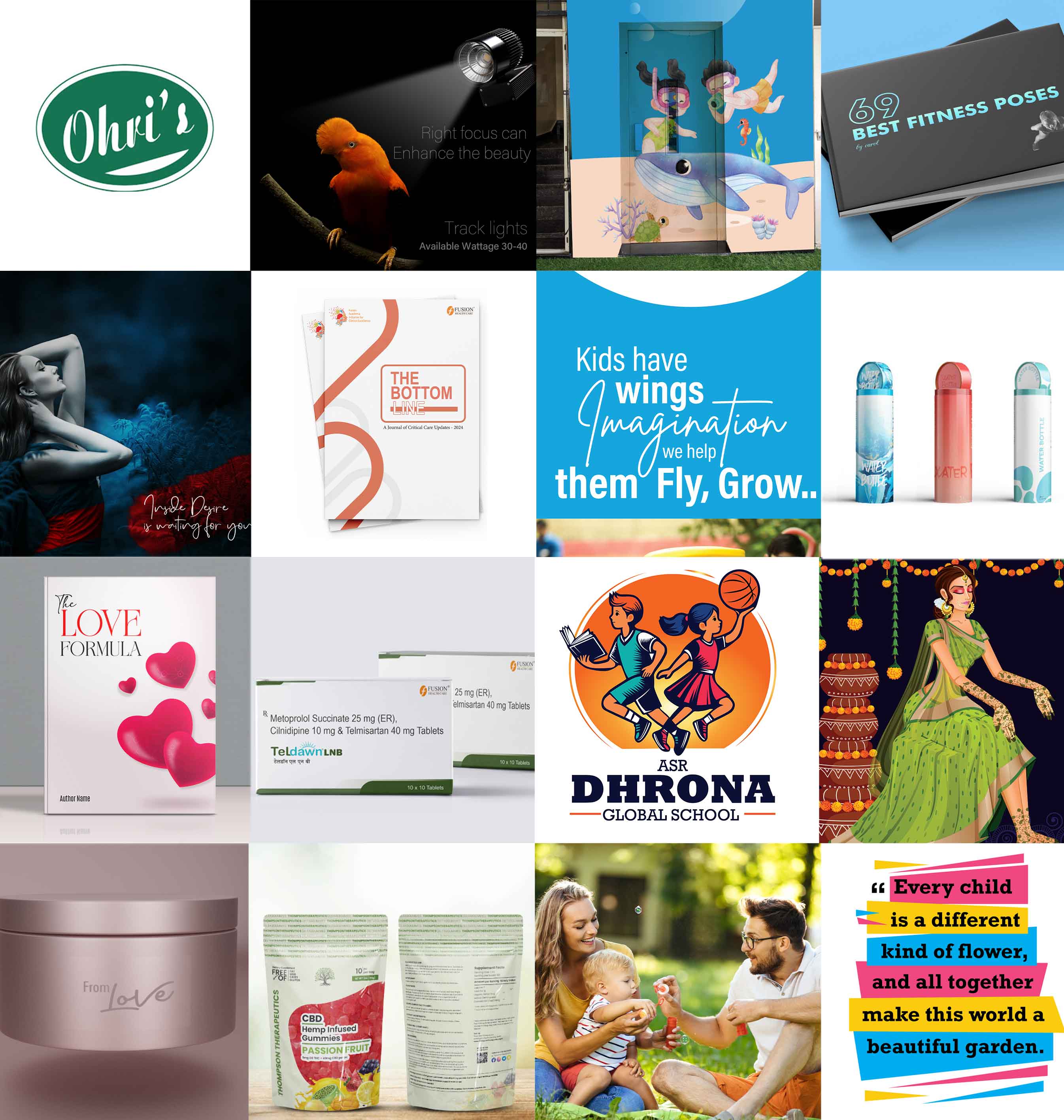 Collage of graphic design projects including logos, posters, and branding mockups